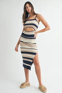 MABLE Multi Color Striped Front Cutout Knit Midi Dress - Brittney MADE