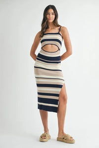 MABLE Multi Color Striped Front Cutout Knit Midi Dress - Brittney MADE