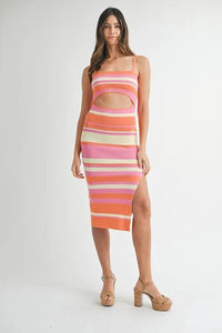 MABLE Multi Color Striped Front Cutout Knit Midi Dress - Brittney MADE