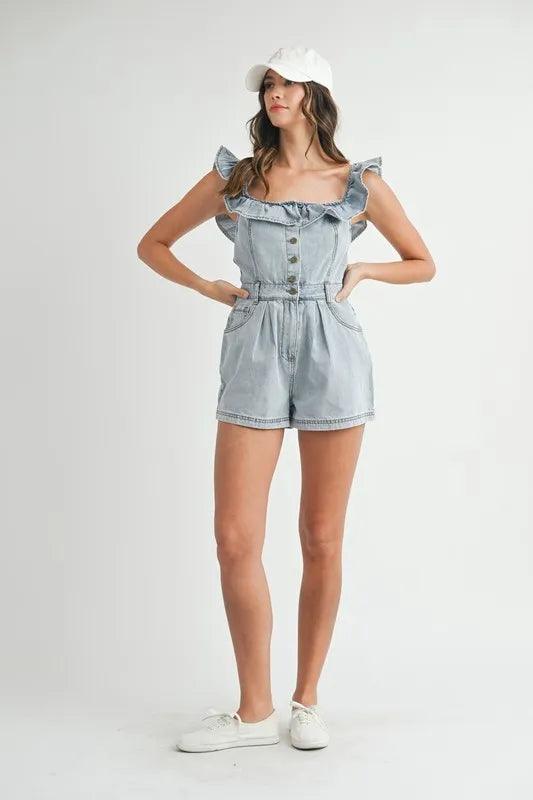 MABLE Off Shoulder Ruffle Detail Denim Romper - Brittney MADE