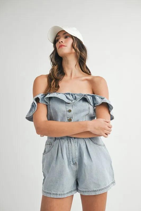 MABLE Off Shoulder Ruffle Detail Denim Romper - Brittney MADE