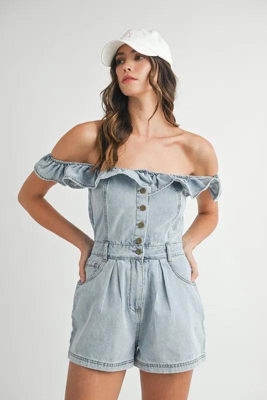 MABLE Off Shoulder Ruffle Detail Denim Romper - Brittney MADE