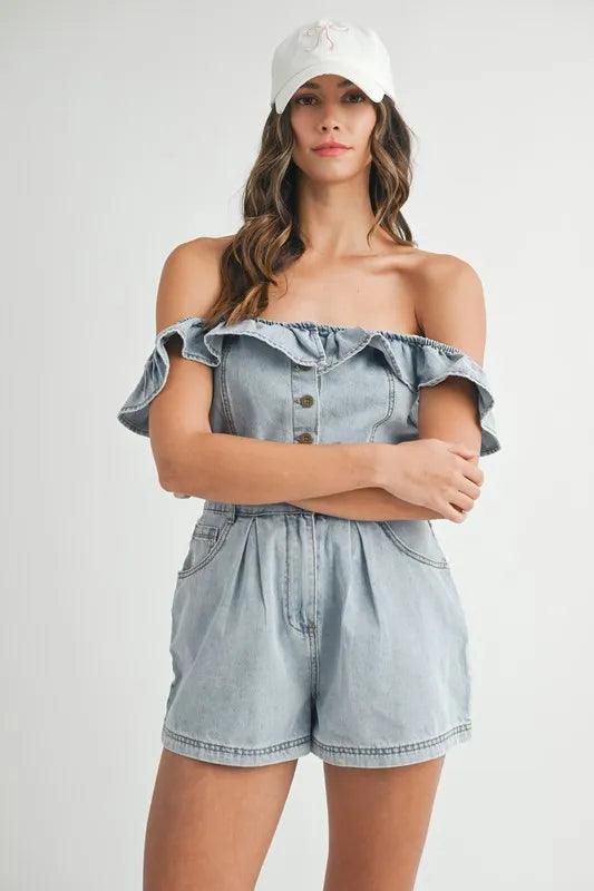 MABLE Off Shoulder Ruffle Detail Denim Romper - Brittney MADE