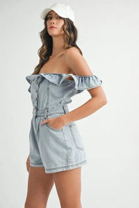 MABLE Off Shoulder Ruffle Detail Denim Romper - Brittney MADE
