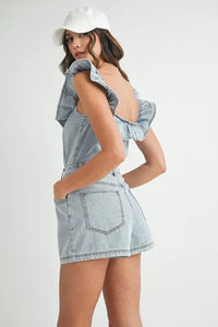 MABLE Off Shoulder Ruffle Detail Denim Romper - Brittney MADE