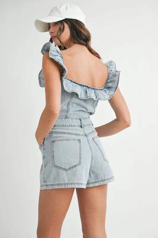 MABLE Off Shoulder Ruffle Detail Denim Romper - Brittney MADE