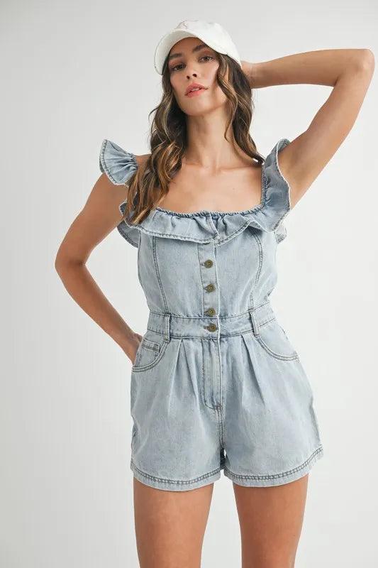 MABLE Off Shoulder Ruffle Detail Denim Romper - Brittney MADE