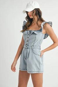 MABLE Off Shoulder Ruffle Detail Denim Romper - Brittney MADE