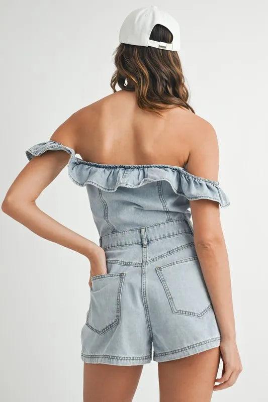 MABLE Off Shoulder Ruffle Detail Denim Romper - Brittney MADE