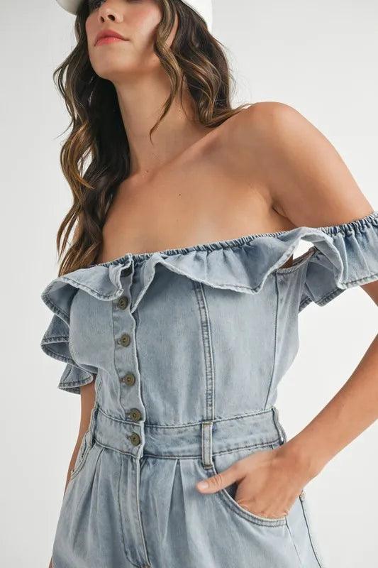 MABLE Off Shoulder Ruffle Detail Denim Romper - Brittney MADE