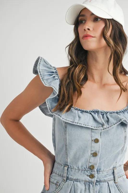 MABLE Off Shoulder Ruffle Detail Denim Romper - Brittney MADE
