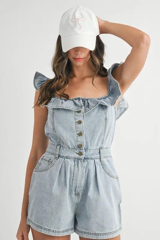 MABLE Off Shoulder Ruffle Detail Denim Romper - Brittney MADE