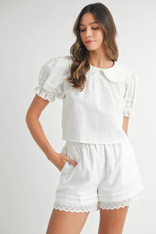 MABLE Peter Pan Collar Babydoll Blouse and Shorts Set - Brittney MADE