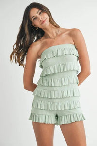 MABLE Pointelle Knit Fabric Ruffled Tube Romper - Brittney MADE