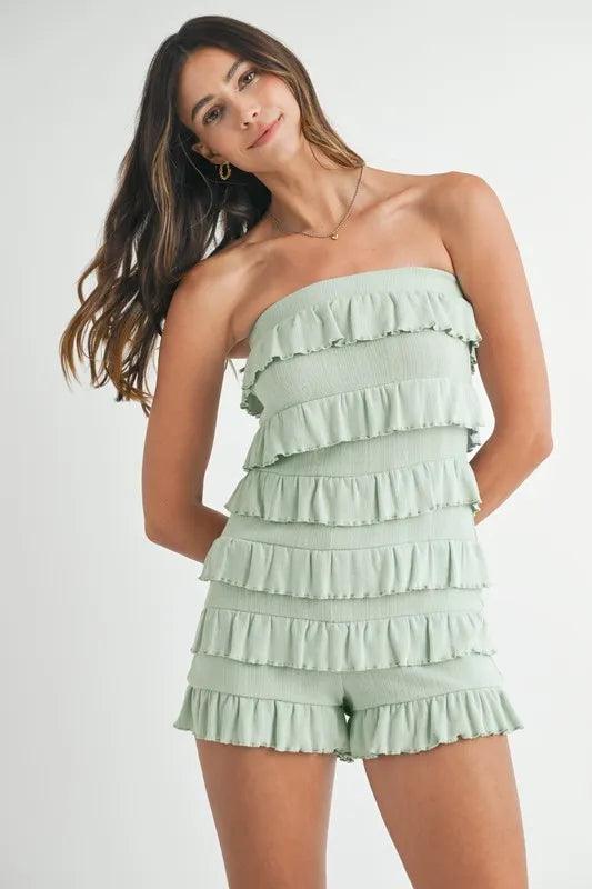 MABLE Pointelle Knit Fabric Ruffled Tube Romper - Brittney MADE