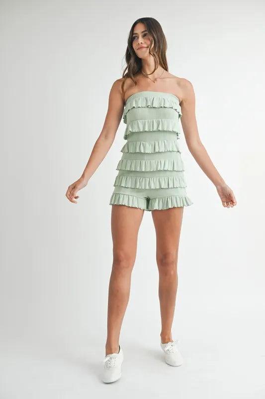 MABLE Pointelle Knit Fabric Ruffled Tube Romper - Brittney MADE