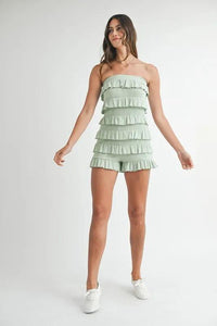 MABLE Pointelle Knit Fabric Ruffled Tube Romper - Brittney MADE