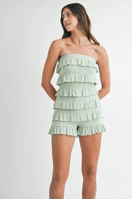 MABLE Pointelle Knit Fabric Ruffled Tube Romper - Brittney MADE