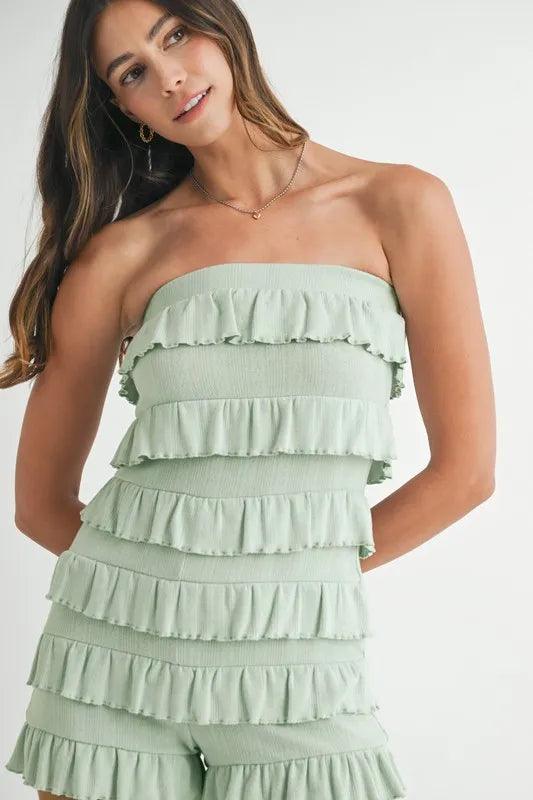 MABLE Pointelle Knit Fabric Ruffled Tube Romper - Brittney MADE