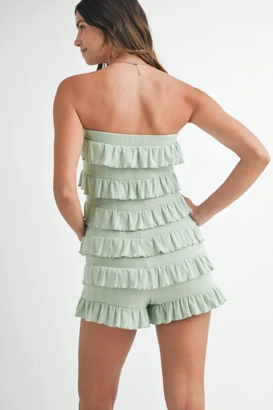 MABLE Pointelle Knit Fabric Ruffled Tube Romper - Brittney MADE