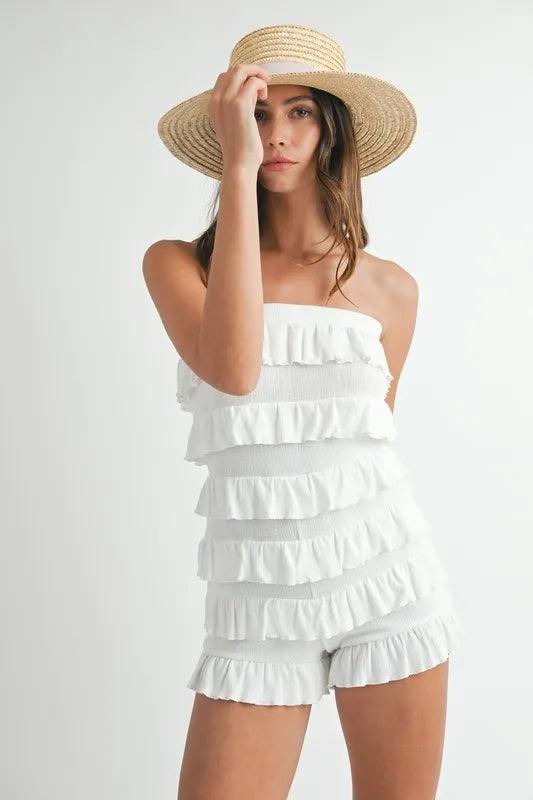 MABLE Pointelle Knit Fabric Ruffled Tube Romper - Brittney MADE