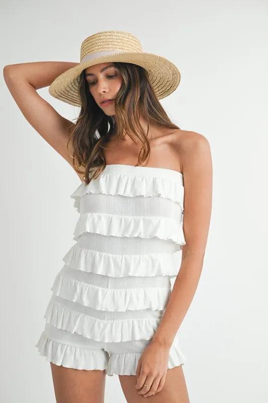 MABLE Pointelle Knit Fabric Ruffled Tube Romper - Brittney MADE