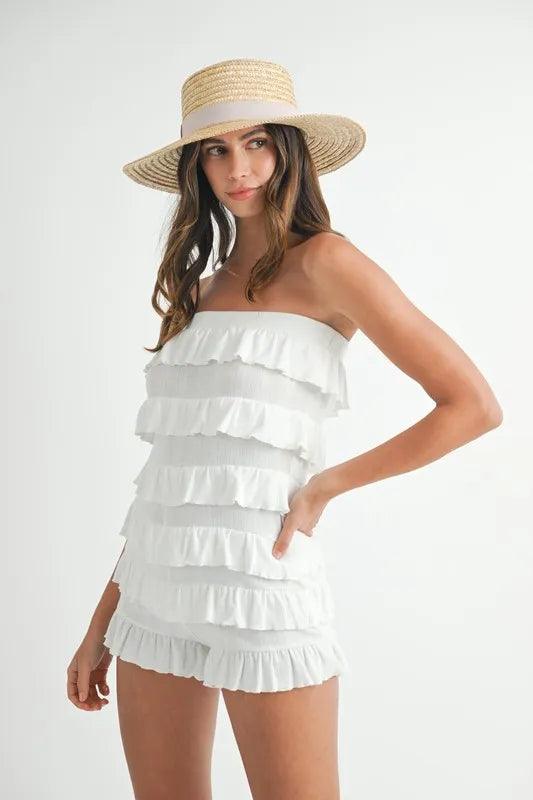 MABLE Pointelle Knit Fabric Ruffled Tube Romper - Brittney MADE