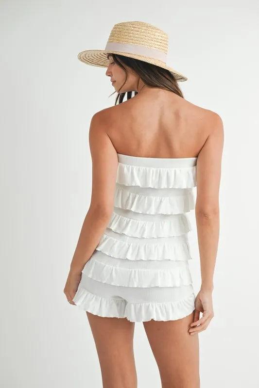 MABLE Pointelle Knit Fabric Ruffled Tube Romper - Brittney MADE