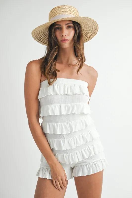 MABLE Pointelle Knit Fabric Ruffled Tube Romper - Brittney MADE