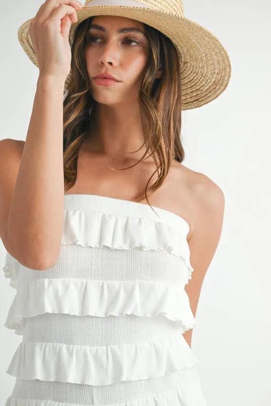 MABLE Pointelle Knit Fabric Ruffled Tube Romper - Brittney MADE