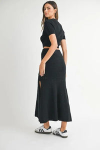 MABLE Pointelle Short Sleeve Crop Top and Slit Skirt Sweater Set - Brittney MADE