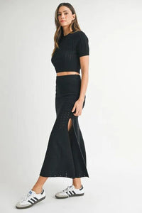 MABLE Pointelle Short Sleeve Crop Top and Slit Skirt Sweater Set - Brittney MADE