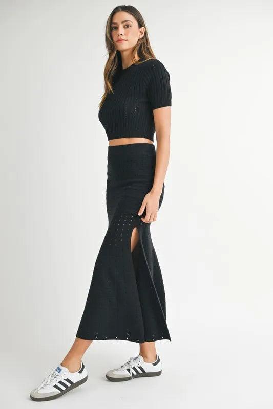 MABLE Pointelle Short Sleeve Crop Top and Slit Skirt Sweater Set - Brittney MADE