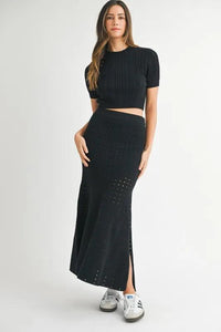 MABLE Pointelle Short Sleeve Crop Top and Slit Skirt Sweater Set - Brittney MADE