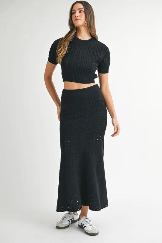 MABLE Pointelle Short Sleeve Crop Top and Slit Skirt Sweater Set - Brittney MADE