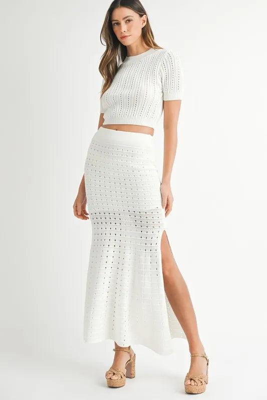 MABLE Pointelle Short Sleeve Crop Top and Slit Skirt Sweater Set - Brittney MADE