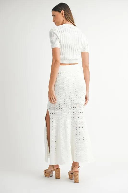 MABLE Pointelle Short Sleeve Crop Top and Slit Skirt Sweater Set - Brittney MADE