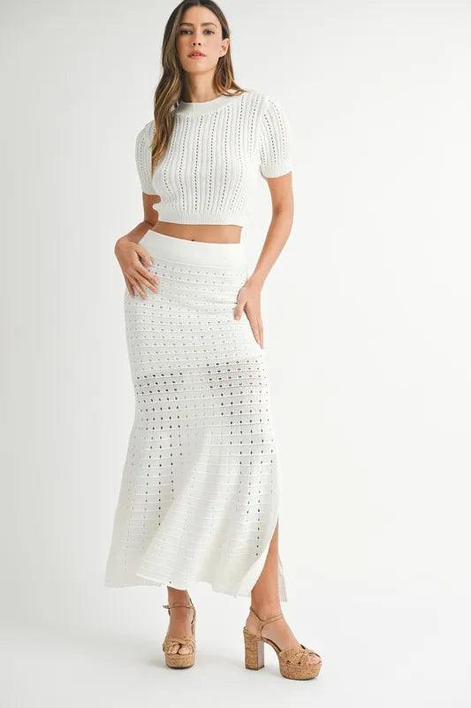 MABLE Pointelle Short Sleeve Crop Top and Slit Skirt Sweater Set - Brittney MADE