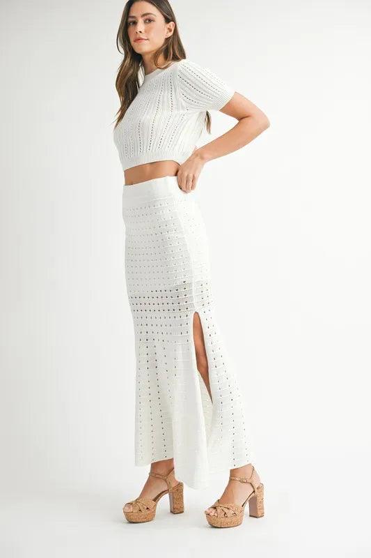 MABLE Pointelle Short Sleeve Crop Top and Slit Skirt Sweater Set - Brittney MADE