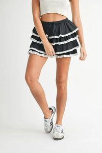 MABLE Poplin Ruffle Layered Contract Lace Trim Mini Skirt - Brittney MADE