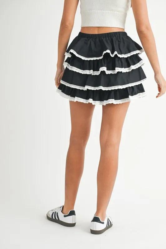MABLE Poplin Ruffle Layered Contract Lace Trim Mini Skirt - Brittney MADE