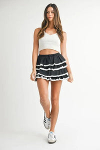 MABLE Poplin Ruffle Layered Contract Lace Trim Mini Skirt - Brittney MADE