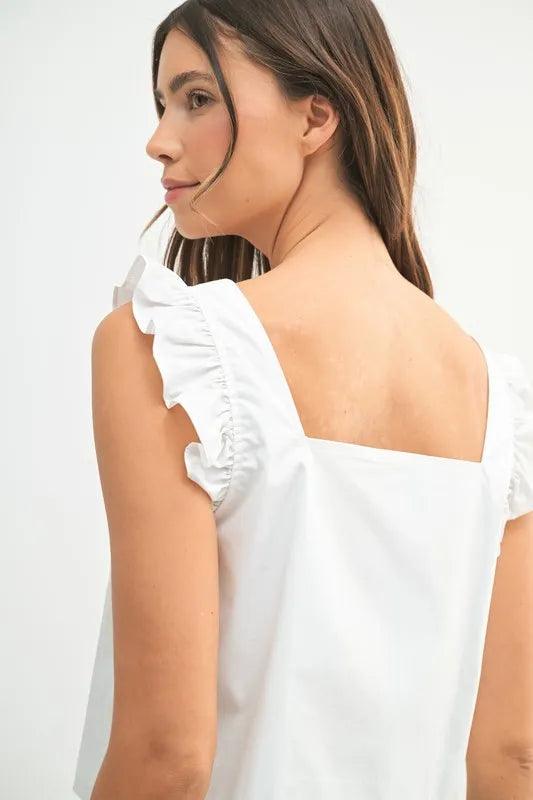 MABLE Poplin Ruffle Strap Front Self Tie Top - Brittney MADE