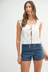 MABLE Poplin Ruffle Strap Front Self Tie Top - Brittney MADE