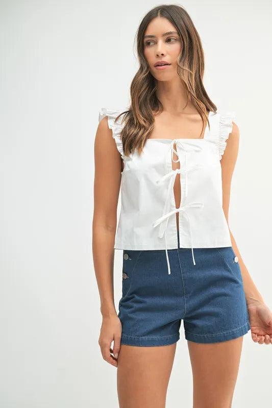 MABLE Poplin Ruffle Strap Front Self Tie Top - Brittney MADE