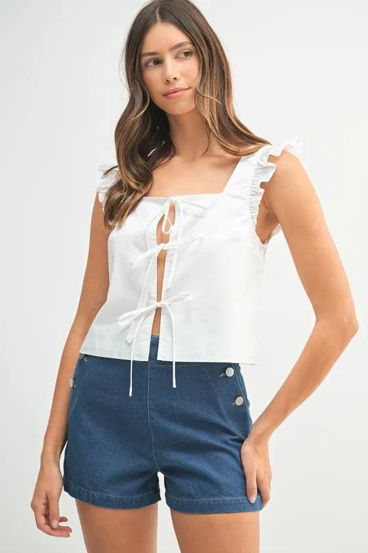 MABLE Poplin Ruffle Strap Front Self Tie Top - Brittney MADE