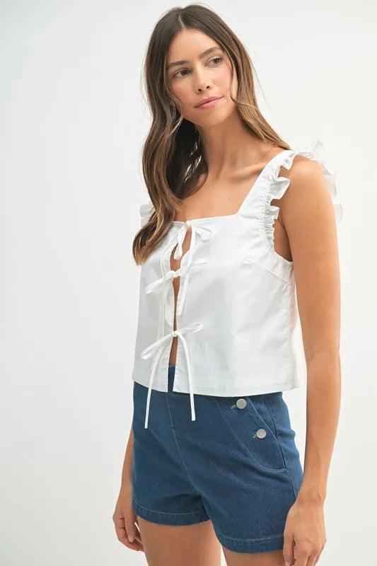 MABLE Poplin Ruffle Strap Front Self Tie Top - Brittney MADE