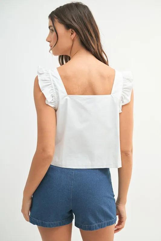 MABLE Poplin Ruffle Strap Front Self Tie Top - Brittney MADE