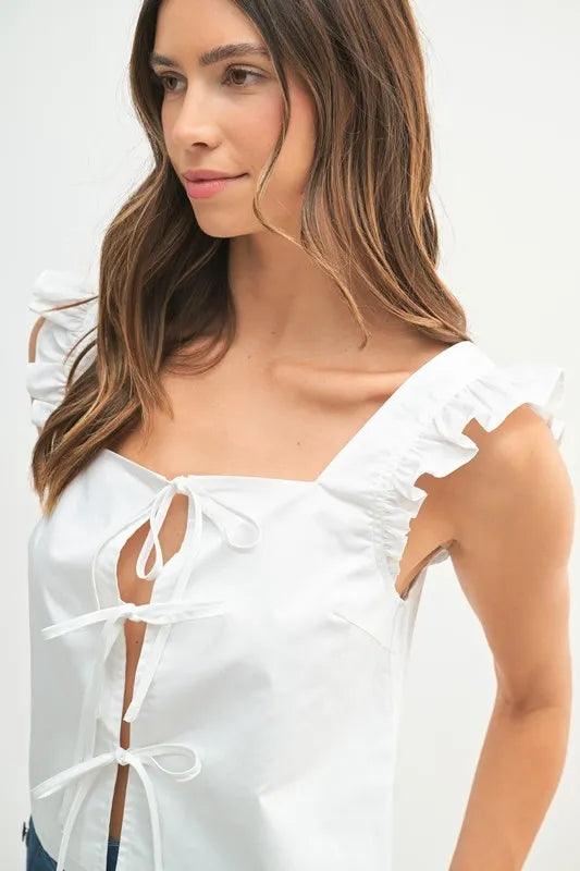 MABLE Poplin Ruffle Strap Front Self Tie Top - Brittney MADE