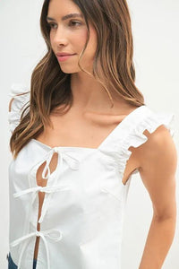 MABLE Poplin Ruffle Strap Front Self Tie Top - Brittney MADE